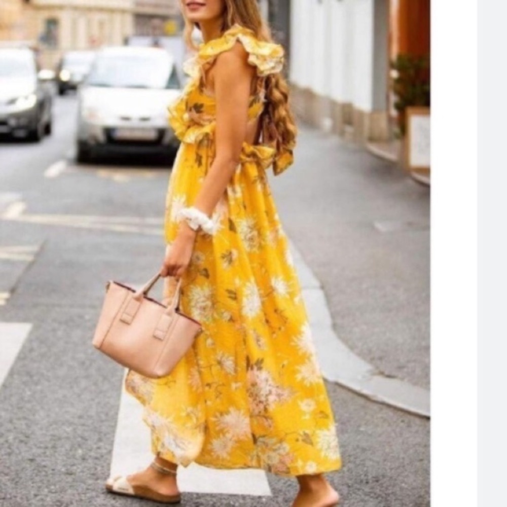H&M Yellow Floral Ruffle Plunge Open Back Lyocell Midi Dress - Picture 14 of 15